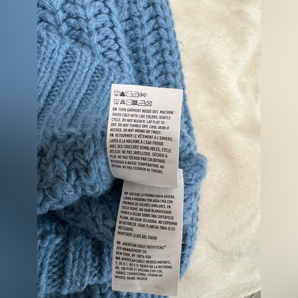 American Eagle Chunky Knit Sweater Blue Oversized V-Neck Size L Cozy - Picture 7 of 11
